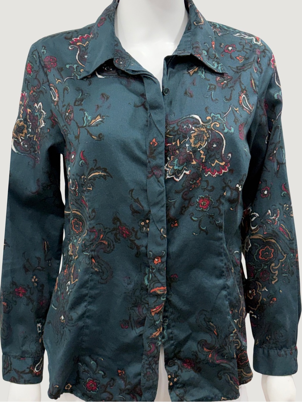 Coldwater Creek Woman's Shaped Button-Down, Long-Sleeve Paisley Floral Blouse